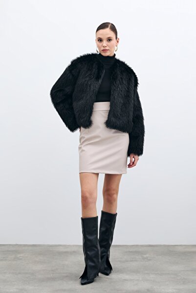 Sateen Raised Leather Skirt - Stone