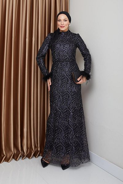 Olcay Feather Detail Glitter Hijab Evening Dress Black 1227-Y