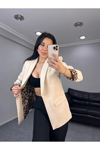 Bella Breeze Kadın Şal Yaka Düğmesiz Cepli Leopar Desen Astarlı Katlanabilir Kol Blazer Ceket