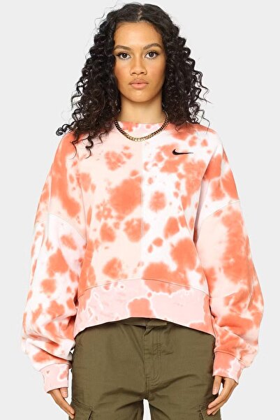 Nike Αθλητικά ρούχα Oversized Fleece Tie Dye Crewneck Γυναικεία φαρδιά φούτερ Λευκό ροζ