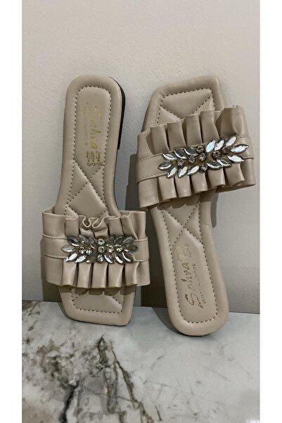 Yusra Papuci de culoare bej, cu șnur și aplicații de piatră