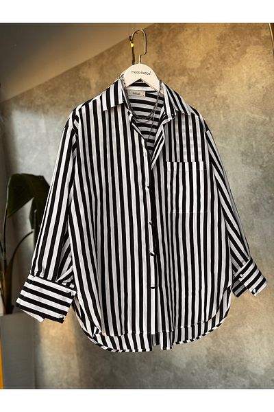 modabetce Women's Oversized Shirt with Striped Texture