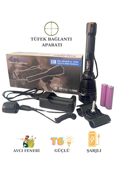 TAREZ GP-259 Tüfek Bağlantı Aparatlı Şarjlı El Feneri Profesyonel Avcı Feneri