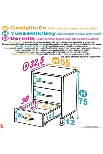 Modilayn SÖKE 3'lü Çekmece Banyo Dolabı 55x75x32,5 cm’ lik Çok Yönlü Çekmecelerle Daha Düzenli