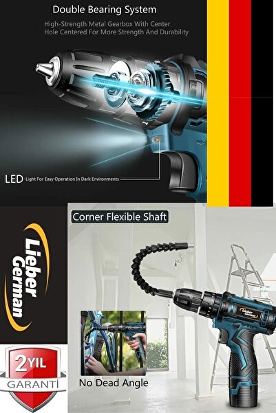 Lieber German Torq 12 Volt 2 Ah Otamatik Korumalı Çelik Şanzuman 2 Akülü Matkap Akülü Vidalama Şarjlı Matkap