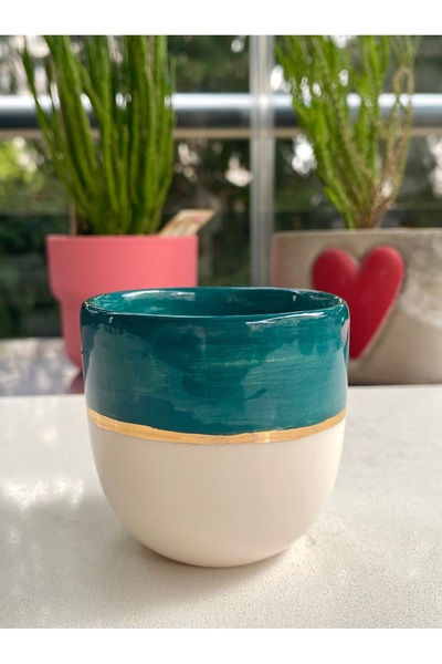 NOF El Yapımı Seramik Gerçek 24k Altın Dekorlu Petrol Yeşili Espresso Bardağı