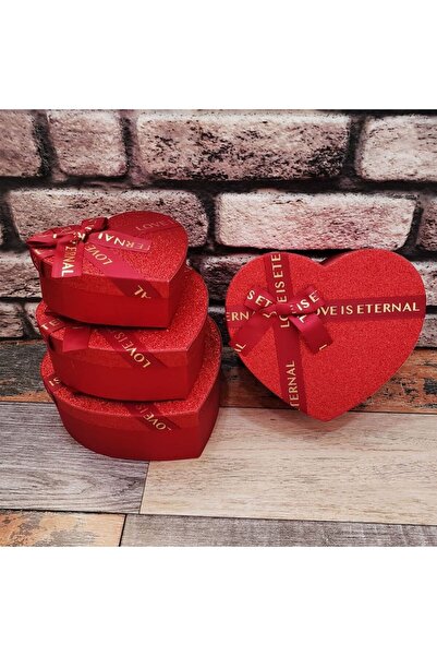 PartAntalya Sevgililer Günü Kalp Hediye Kutusu Kırmızı Simli 3Lü set