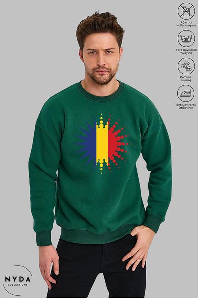 Nyda Collections Unisex Long Sleeve Romania Printed Crew Neck Hoodless Raster Oversize Sweatshirt