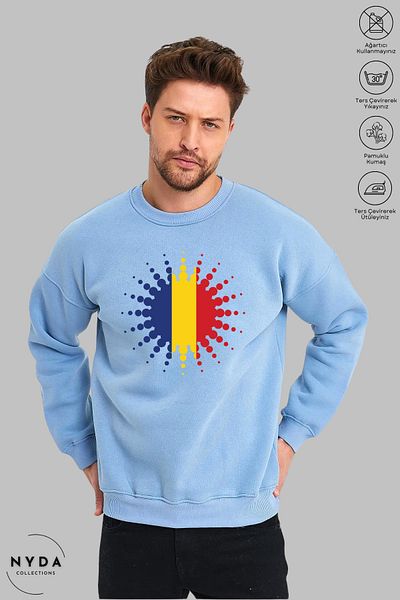 Nyda Collections Hanorac oversize unisex cu mânecă lungă, cu imprimeu România, cu gâtul turn, fără glugă