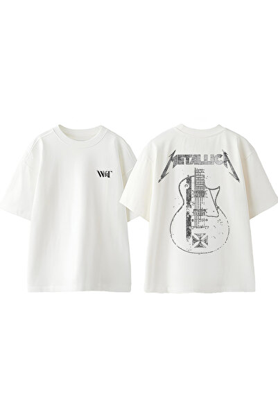 THEWERT Μπλουζάκι Metallıca Guitar Design Back Printed Βαμβακερό λευκό oversi...
