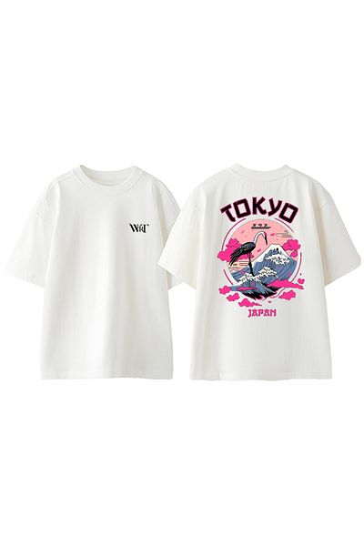 THEWERT Tricou supradimensionat alb din bumbac imprimat pe spate cu design japonez Tokyo