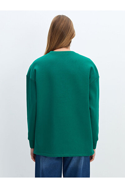 LC Waikiki Dark Green Crew Neck Printed Oversize Women's Thick Sweatshirt