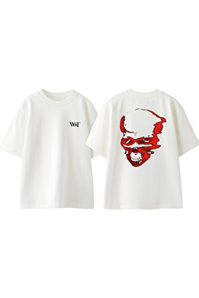THEWERT V Skull Design Rukavac Štampano Pamuk Bela Oversize kroj T-shirt