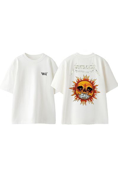 THEWERT Tricou supradimensionat alb din bumbac cu design de vară Metallıca