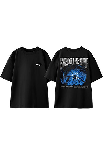 THEWERT Tricou oversize negru din bumbac cu imprimeu Break The Time Design