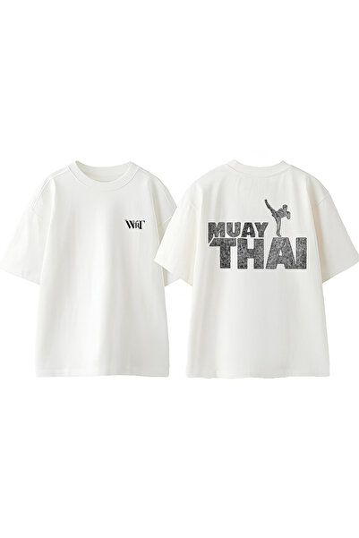 THEWERT Muay Thaı Tasarım Sırt Baskılı Pamuk Beyaz Oversize T-shirt