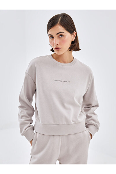 LC Waikiki Γυναικείο χοντρό φούτερ LCW Vision Grey Crew με στάμπα Oversize