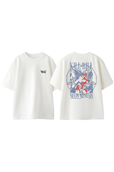 THEWERT Neon Genesis dizajn - Leđa Štampano Bela Oversize kroj Pamuk T-shirt