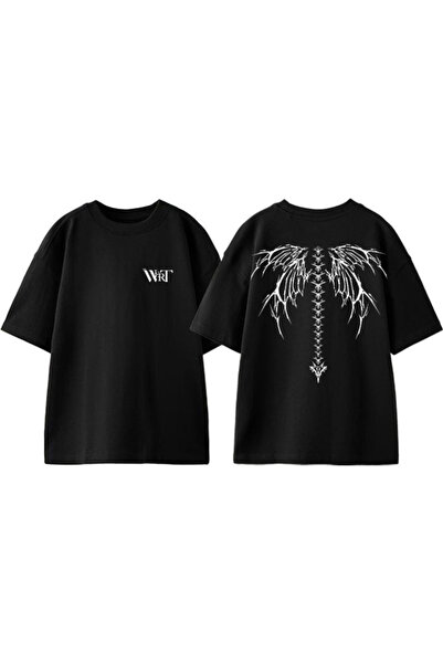 THEWERT Tricou oversize negru din bumbac imprimat pe spate Wing Skeleton Design