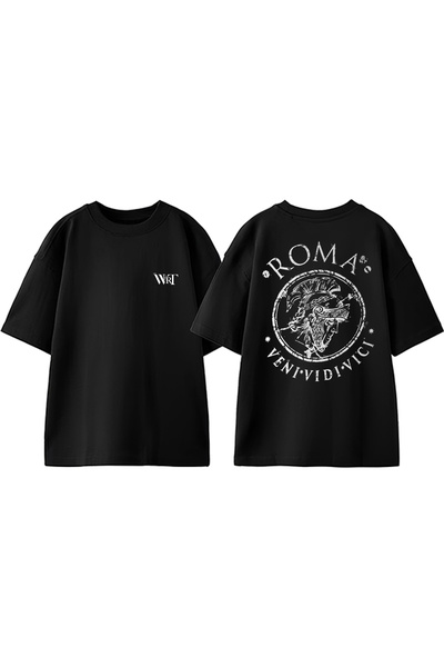 THEWERT Roma Veni Vidi Vici Design Tricou oversize negru din bumbac imprimat ...