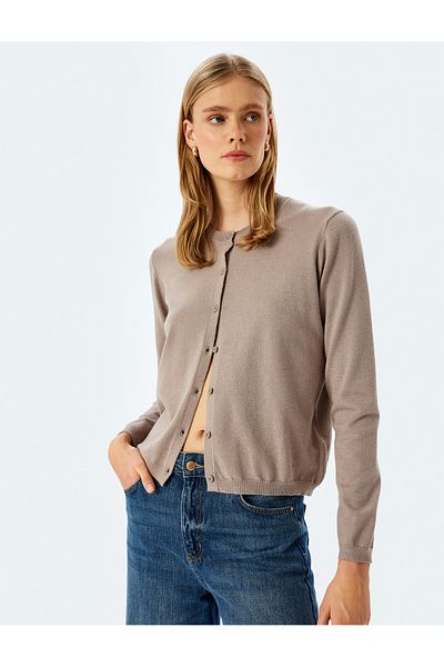 Koton Crew Neck Long Sleeve Buttoned Basic Knitwear Cardigan