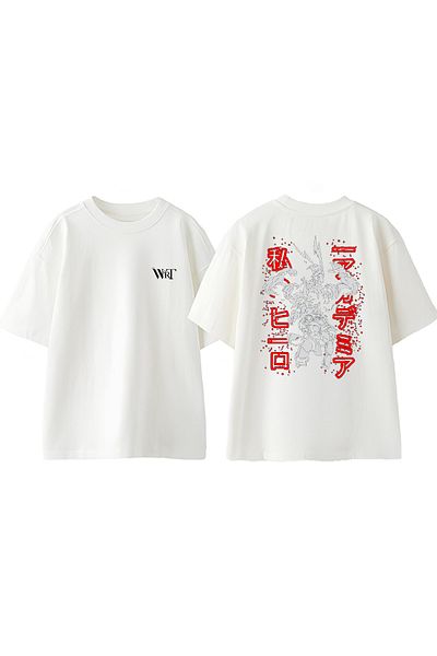 THEWERT Text roșu Anime Character Design Tricou supradimensionat alb din bumbac imprimat pe spate