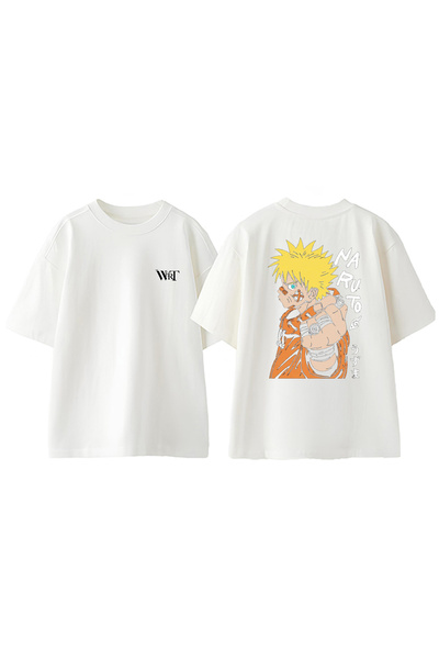 THEWERT Tricou oversize alb din bumbac imprimat pe spate cu design anime Naruto