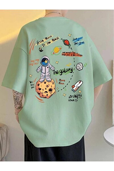 NO 601 Tricou unisex verde mentă cu imprimeu Galaxy Space oversize