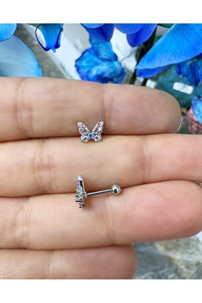 Arescollection Pembe mavi zirkon taşlı kelebek model tragus helix lobe uyumlu...