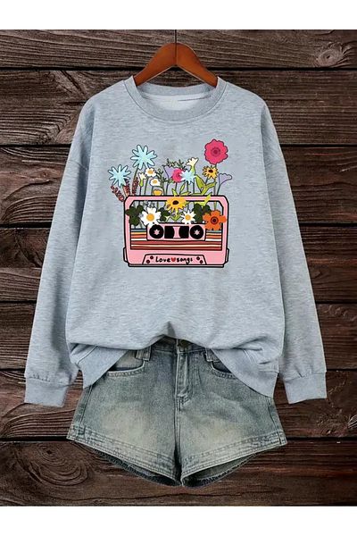 PALPİTO Women's Gray Cassette Flower Pot Printed Crew Neck Oversize Sweatshirt