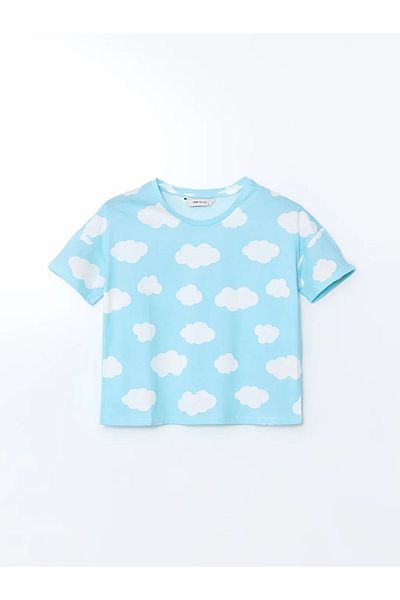 LC Waikiki Set de pijamale pentru femei LCW Young Blue Crewneck imprimat cu pantaloni scurți