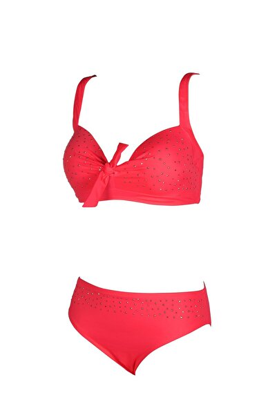 Endeep Women's Bow and Stone Detailed Large Size Pomegranate Flower Bikini Set