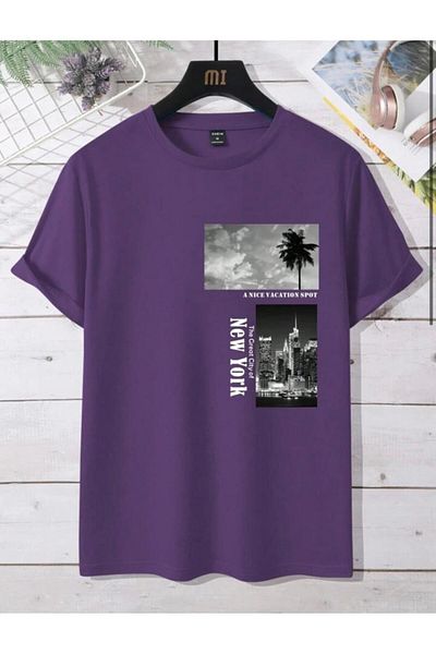 NO 601 Ανδρικό μωβ μπλουζάκι NY Palm Printed Oversize