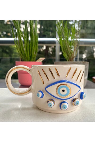 NOF El Yapımı Seramik Gerçek 24k Altın Dekorlu Nazar Boncuk Gözlü Kupa