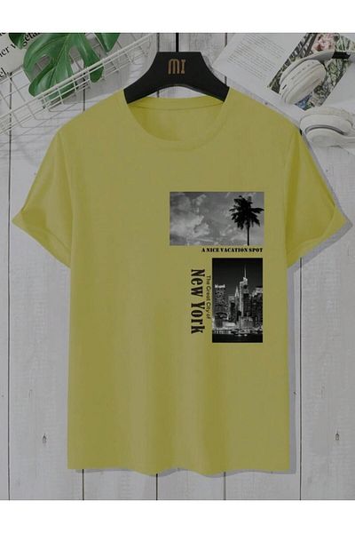 NO 601 Ανδρικό μπλουζάκι με λαδί πράσινο NY Palm printed Oversize