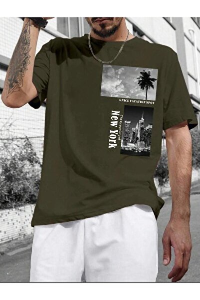 NO 601 Ανδρικό μπλουζάκι χακί πράσινο NY Palm με στάμπα Oversize