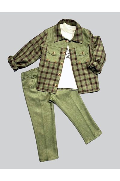 Ecenaz 3-4-5 Years Old Pocket Pants Plaid Shirt Long Sleeve Sweat 3-Piece Boys' Set Green
