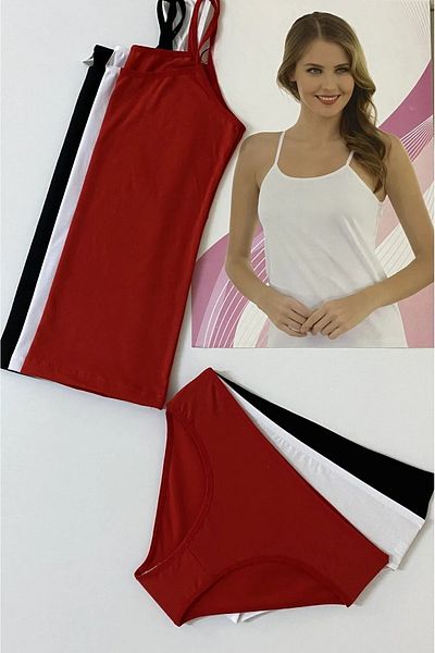 Gizli Butik 3-Piece Cotton and Lycra Tank Top Panties Set for Women - Red, White, Black