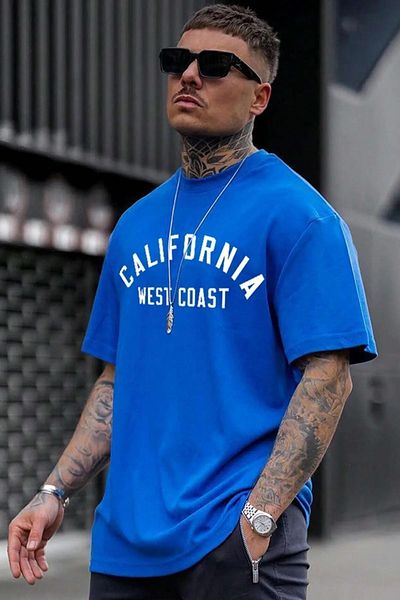 NO 601 Ανδρικό μπλουζάκι Saks Blue California West Coast με στάμπα oversize