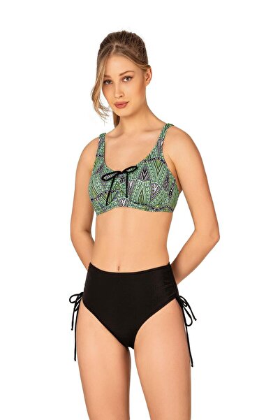 Endeep Kadın Büyük Beden Balenli Destekli Bağlama Detaylı Yeşil Desenli Bikin...