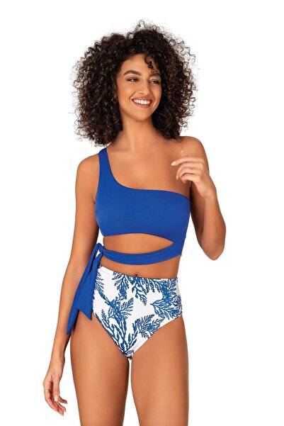 Endeep Kadın Yüksek Bel Yan Bağlama Detaylı Mavi Desenli Bikini Takımı