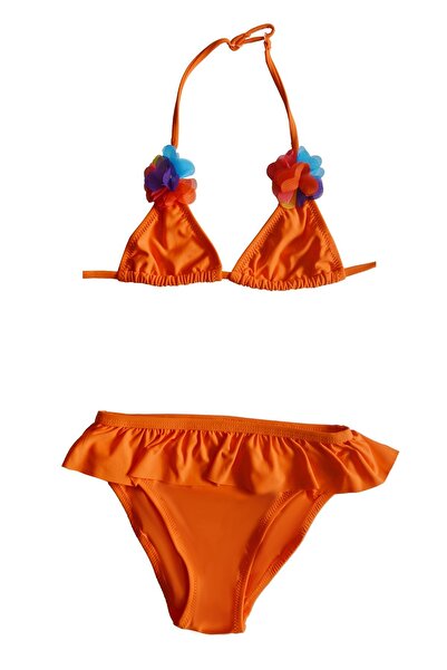 Endeep Girl's Ruffled Orange Triangle Bikini Set