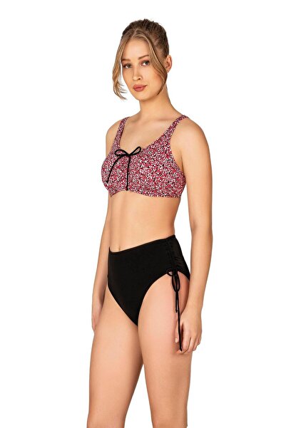 Endeep Kadın Büyük Beden Balenli Destekli Bağlama Detaylı Kırmızı Desenli Bik...