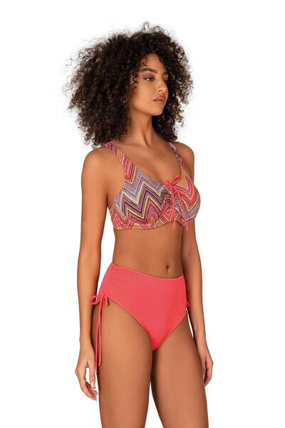 Endeep Kadın Büyük Beden Balenli Destekli Bağlama Detaylı Zigzag Desenli Bikini Takımı