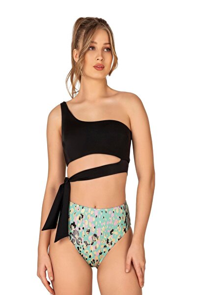 Endeep طقم بيكيني نسائي منقوش باللون الأخضر بخصر عالٍ وربطة جانبية