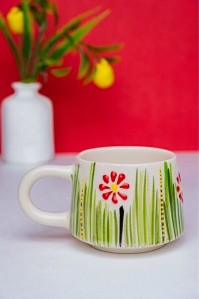 İlbay Çini Takı Ceramic Handcrafted Mug Nescafe Cup Red Daisy Mug