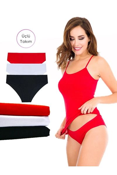 Gizli Butik 3-Piece Cotton and Lycra Tank Top Panties Set for Women - Red, White, Black