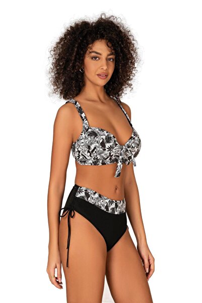 Endeep Kadın Büyük Beden Balenli Destekli Siyah Beyaz Desenli Bikini Takımı