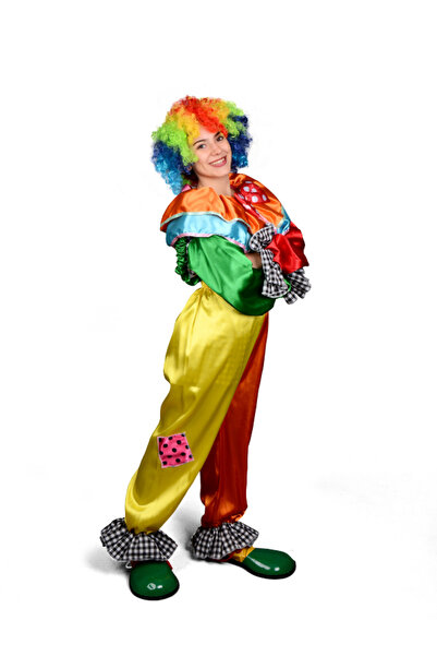 Erlina Askılı Alt - Üst Palyaço Kostüm, Yetişkin Palyaço Kıyafeti, Saten Kuma...