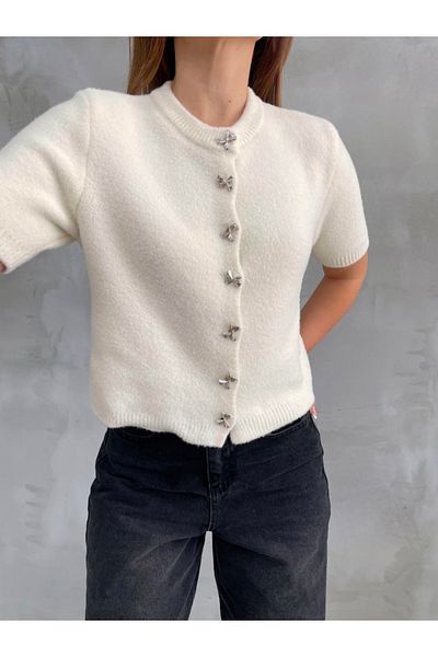 YouLikeButik Bearded Soft Cardigan with Bow Buttons
